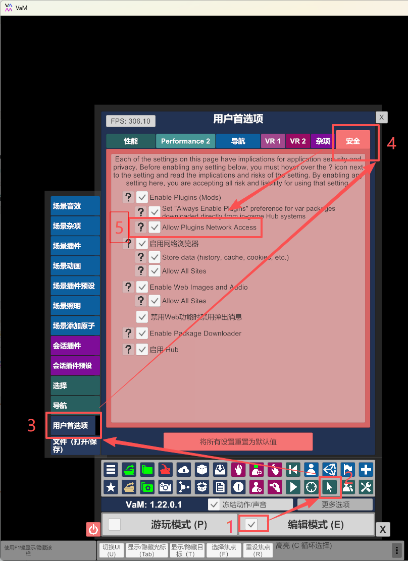 VAM 用户偏好的 Security 页面及 Enable Plugins 选项